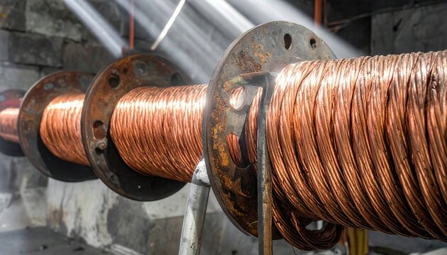 Industrial heavy duty copper wire spools mounted on aged metallic frames, cinematic horizontal wide shot capturing raw metallic textures, manufacturing materials, and engineering construction infrastr