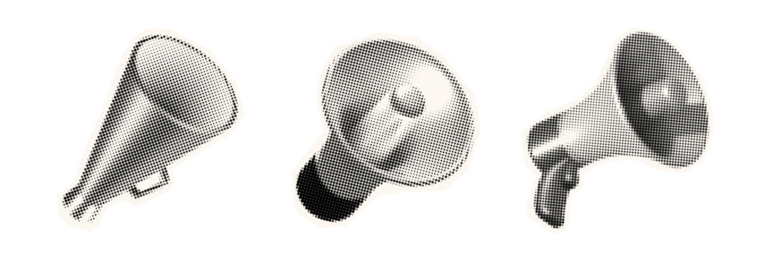 Halftone Megaphone Pop Art Collage Set. Loudspeaker Paper Cut Sticker Icons for Social Media Marketing Speech Announcement or Fake News Alert. Vintage Bullhorn Loud Voice Message. Vector Illustration