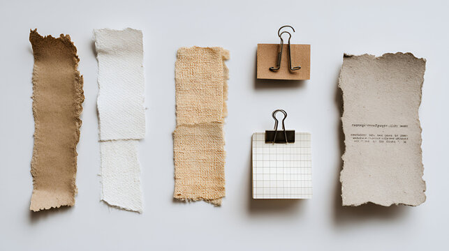 Collection of mixed torn paper pieces including white paper strip, kraft paper, grid note and small scrap with paperclip on white background background
