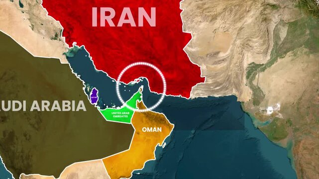 Strait of Hormuz map animation, Middle East trade route, geopolitical location highlight, Persian Gulf map motion, maritime chokepoint visualization, global oil route animation, strategic waterway map