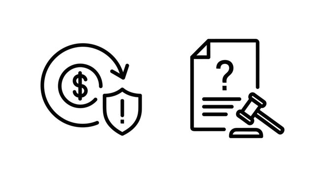 Financial dispute resolution icons with chargeback alert shield and legal notice gavel for transaction security and lawsuit management chargeback financial currency transaction security document
