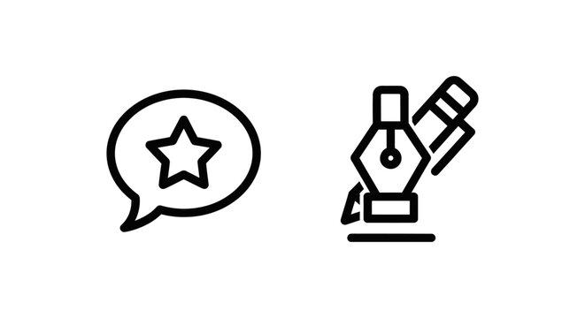Review and edit icons: star feedback and pen nib with feedback instrument appreciation performance evaluation assessment critique correction revision modification document creation
