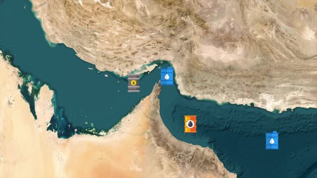 Strait of Hormuz maritime route map animation showing strategic oil shipping lane in the Persian Gulf with geopolitical trade navigation and Middle East waterway visualization