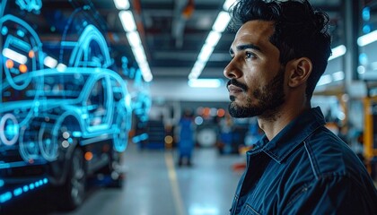 Fototapeta premium Automotive Engineer Analyzing Car Design Hologram in Modern Factory.