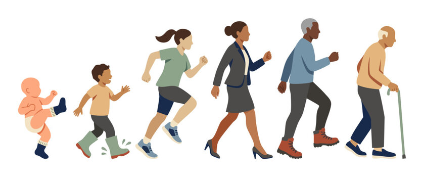 Human Life Cycle Stages Progression, From Infancy To Old Age Concept Illustration. A diverse flat vector graphic showing growth, aging, aging process, and chronological development of a person over ti