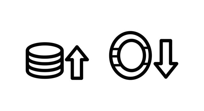 Black and white coin price icons illustrating market trends with upward and downward arrows for financial currency analysis currency increase decrease investment cryptocurrency business