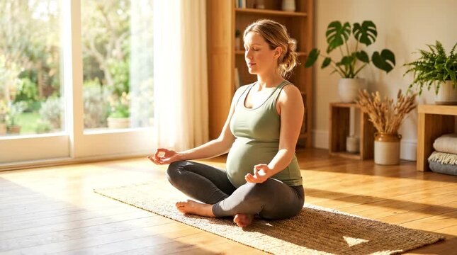Pregnant woman meditating in living room with natural light