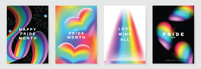 Naklejka na ściany i meble Pride Month poster set vector. Colorful LGBTQ celebration template with rainbow arches, glossy hearts, butterfly and sparkles for equality, diversity, love, social media, flyer and event banner.