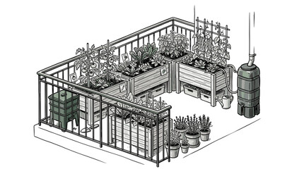 Fototapeta premium Isometric illustration of a modern rooftop garden with seating and plants