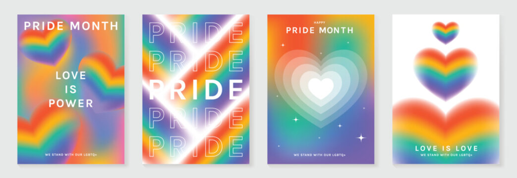 Pride Month poster set vector. Colorful LGBTQ celebration template with rainbow arches, glossy hearts, butterfly and sparkles for equality, diversity, love, social media, flyer and event banner.