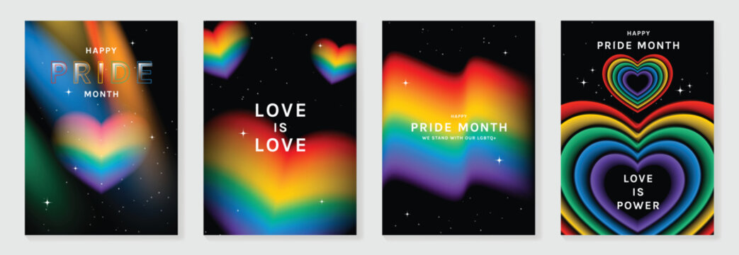 Pride Month poster set vector. Colorful LGBTQ celebration template with rainbow arches, glossy hearts, butterfly and sparkles for equality, diversity, love, social media, flyer and event banner.