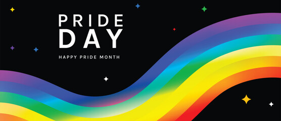Fototapeta na wymiar Happy Pride Month rainbow wave background vector. Colorful LGBT celebration banner design for equality, diversity, love, parade, festival, social media and event poster.