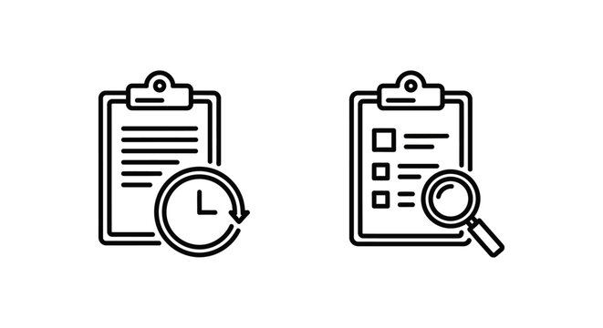 Clipboard icons for review history and review log with timer and magnifying glass clipboard document checklist magnifying analysis information progress timeline management operation
