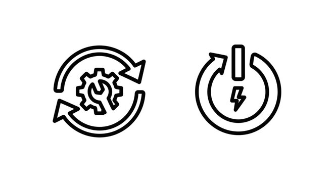 Icons for service restarting with gears and wrench reboot in progress with power button and lightning bolt restarting progress maintenance lightning electricity computer technology