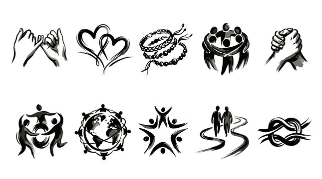Collection of ten black and white symbolic icons representing love unity and connection