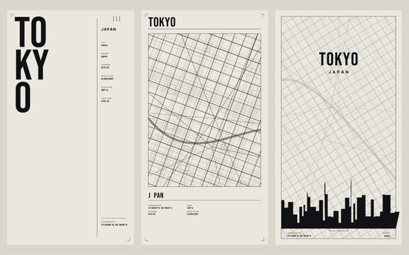 Tokyo japan minimalist city map poster set graphic design vector illustration