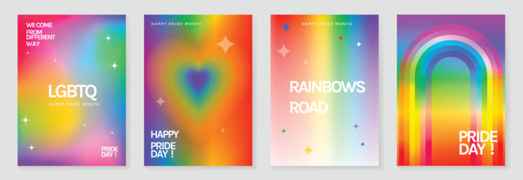 Pride Month poster set vector. Colorful LGBTQ celebration template with rainbow arches, glossy hearts, butterfly and sparkles for equality, diversity, love, social media, flyer and event banner.