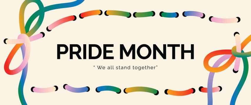 Pride Month rainbow line frame background vector. Minimal colorful LGBTQ celebration banner design with loop ribbons, dashed border and unity quote for equality, diversity and love.