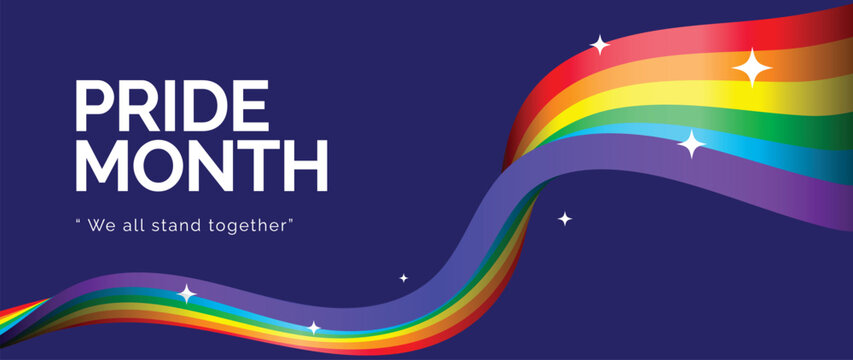Happy Pride Month rainbow wave background vector. Colorful LGBT celebration banner design for equality, diversity, love, parade, festival, social media and event poster.