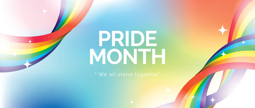 Pride Month rainbow gradient background vector. Minimal colorful LGBTQ celebration banner design with curved ribbons, pastel sky, sparkles and unity quote for diversity, equality and love.