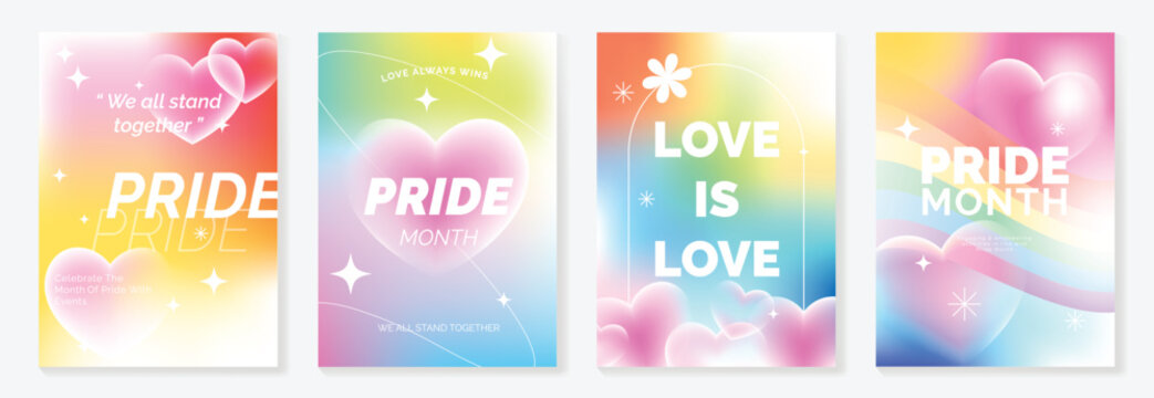 Pride Month poster set vector. Colorful LGBTQ celebration template with rainbow arches, glossy hearts, butterfly and sparkles for equality, diversity, love, social media, flyer and event banner.