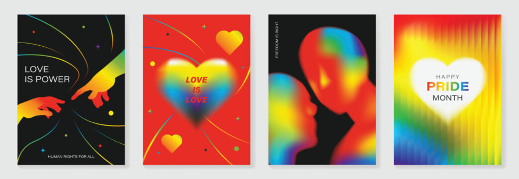 Pride Month poster set vector. Colorful LGBT social media template with rainbow hearts, hands, couple silhouette and love message for equality, diversity and human rights.