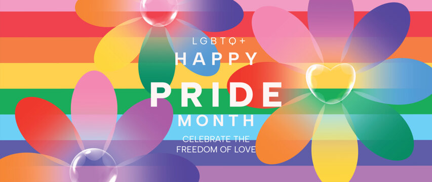 Happy Pride Month rainbow flower background vector. Colorful LGBT celebration banner design with heart, bubbles and floral shapes for equality, diversity, love, parade and social media.