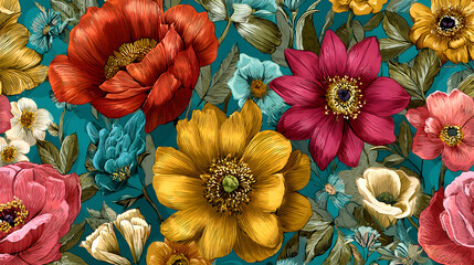 Fototapeta premium Colorful vintage flower garden art seamless pattern illustration. Retro nature floral background in hand drawn style. Spring season decoration texture, nature textile drawing print. Stock Vector