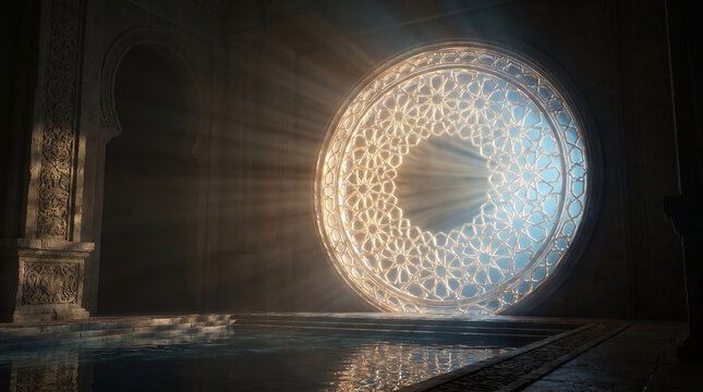 Islamic ornament design featuring intricate geometric patterns and sun