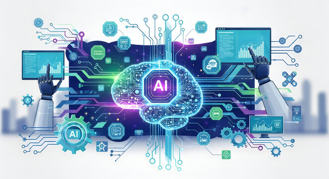 Ai technology network with futuristic brain and circuits