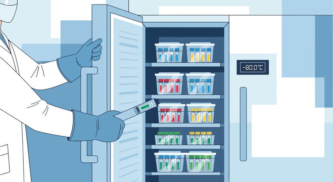 Scientist checking ultra-low freezer with samples for medical research