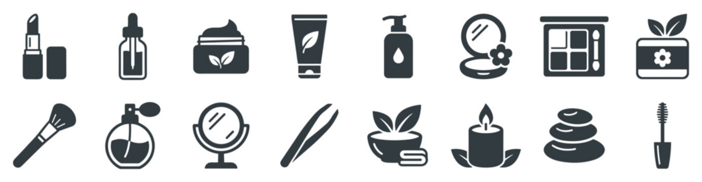 Collection of skincare and beauty icons including lipstick, serum, cream, lotion, mirror, brush, perfume, tweezers, candle, spa stones, and mascara on transparent background