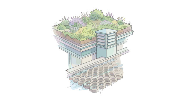 Isometric illustration of a modern multilevel ecofriendly building with rooftop gardens and glass facades