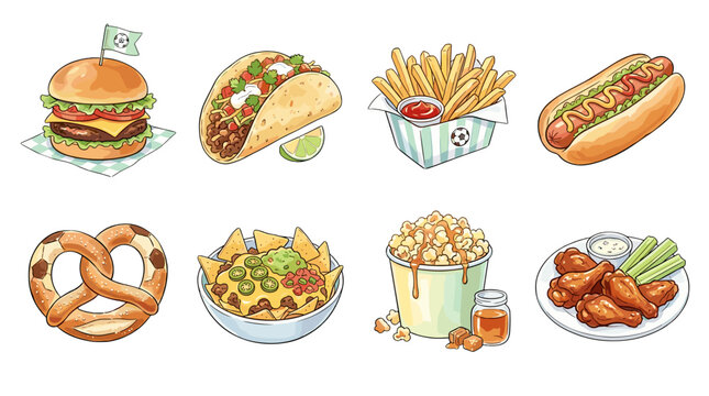 Collection of fast food items including burger fries hot dog and snacks