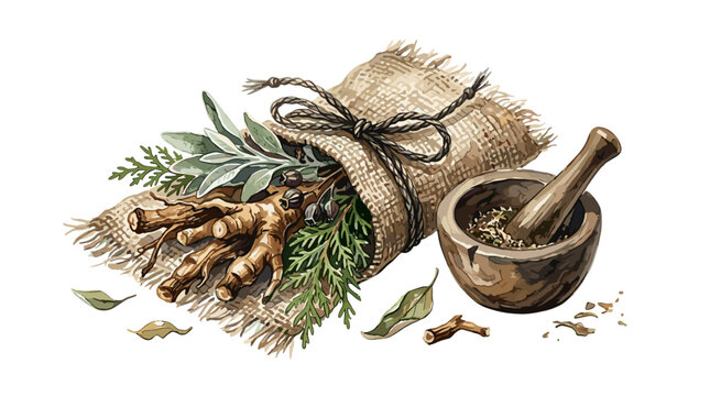 Herbal and botanical arrangement with mortar and pestle for natural remedies