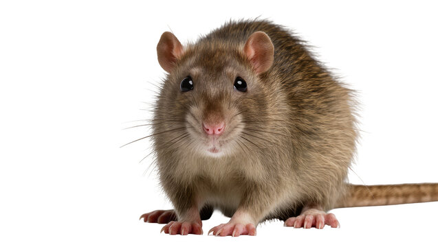 Brown domestic rat with whiskers and pink nose facing forward