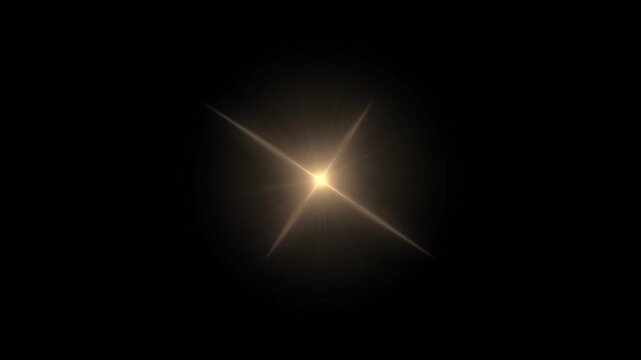 Golden Light Flash Animation, Warm Lens Flare Starburst Effect, Cinematic Glowing Light Burst Overlay on Black Background