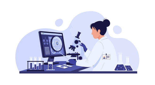 Scientist analyzing sample under microscope in modern laboratory with computer and test tubes