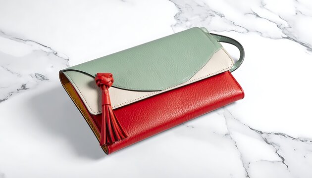 A stylish, color-blocked clutch purse with a red tassel and gold trim, resting on a marble surface, elegant accessory for fashion and retail