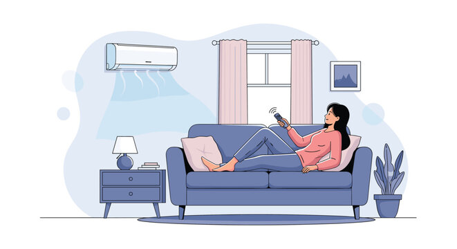 Young woman relaxing on a comfortable blue sofa and using a remote control to adjust the wall-mounted air conditioner in a living room.