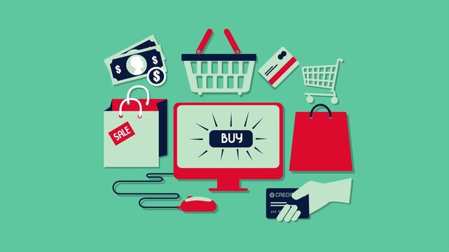 Online shopping illustration with various shopping icons and bags on green