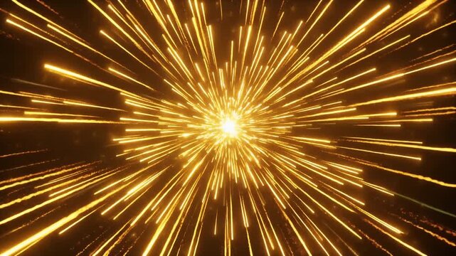 Radiant golden explosion of light streaks, dynamic starburst pattern with glowing energy, cosmic celebration resembling fireworks or supernova brilliance.