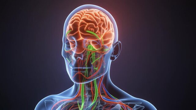 Semi‑transparent human head with glowing colorful neural pathways and blood vessels, illustrating brain activity, neuroscience research, and cognitive complexity.