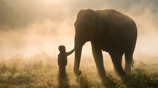Child walks through alley holding elephant's trunk in savannah landscape with foggy morning light