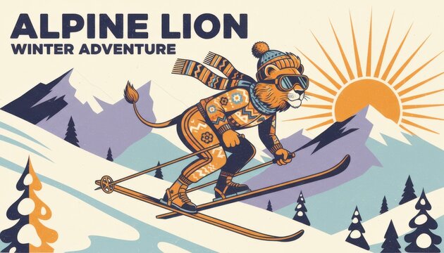 Fashionable lion skiing through stunning mountains at sunset in retro style