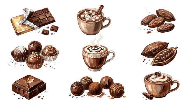 Assorted chocolates and cocoa treats displayed in a variety of styles