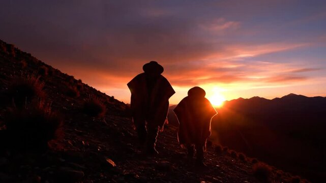 Two Travelers Hiking Mountain at Sunrise with Ponchos, Silhouetted Against a Colorful Sky and Hills
