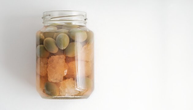 Homemade Japanese plum wine or syrup process in glass jar with green ume and rock sugar