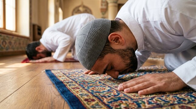 Men in white praying on colorful rugs in a mosque