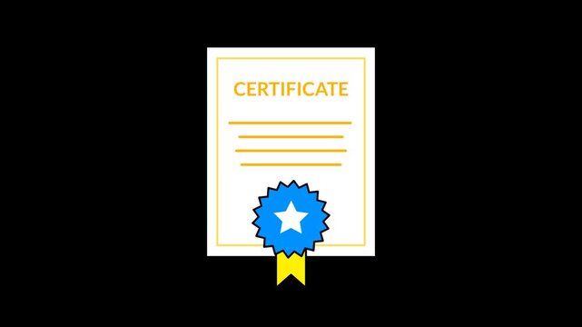Seamless loop animation of a certificate document with a rotating blue verified badge and star, isolated on a transparent background for achievement and competency concepts